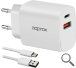 CARGADOR USB DE VIAJE/PARED 1xUSB/USB-C + CABLE USB-A A USB-C 20W BLANCO APPROX
